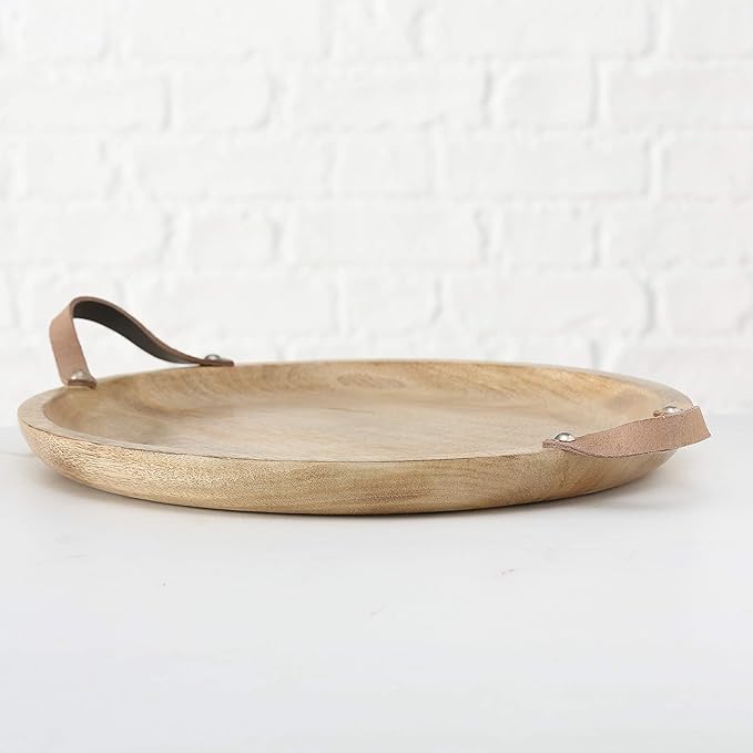 Mango Wood Board Server Trays, Set of 2, Desserts, Charcuterie, Snacks, Serving, Brown Leather Handles, Rustic Rounds, 15 and 12 Inches Diameter