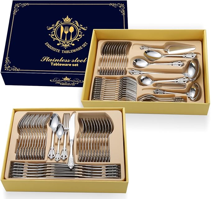 IKXO 72 Piece Silverware Set For 4 Exquisite Ergonomic Flatware Set Stainless Steel Flatware Serving Set For Home Kitchen Restaurant Hotel Mirror Finished Dishwasher Safe