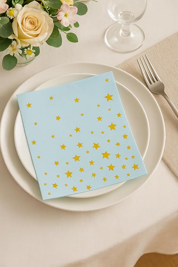 Blue and Gold Cocktail Napkins- 100 Pack 2-Ply Disposable Paper Napkins for Birthday Parties, Baby Showers, Weddings, and Special Events