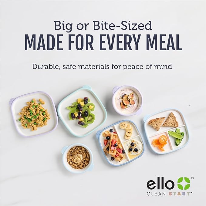 Ello Clean Start Toddler Everything Plate 2 Pack | BPA-Free Ceramic Plates with Silicone Sleeve for Babies/Toddlers | Microwave/Dishwasher Safe, Plastic-Free, High Chair Friendly | Dewdrop/Grayed Jade