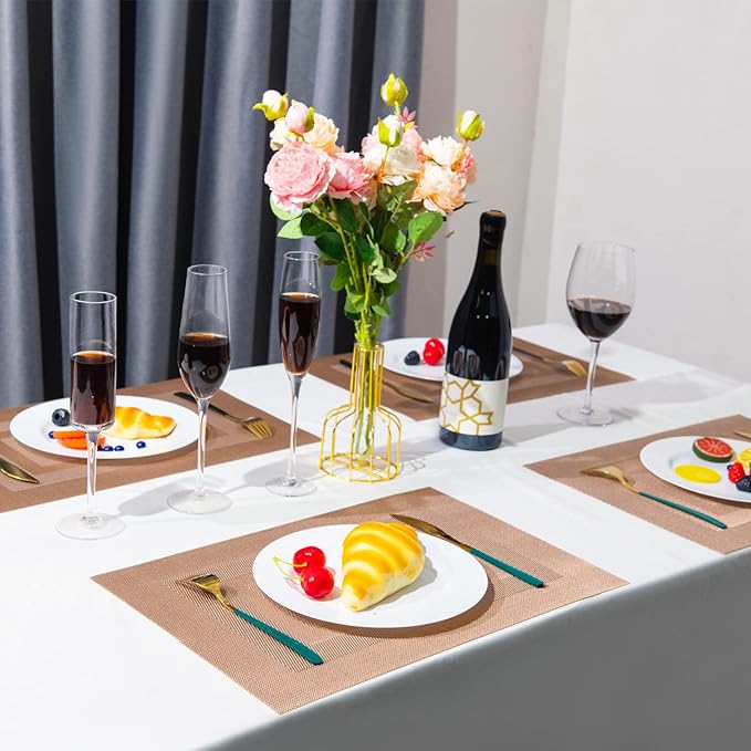 Placemats,PlasticVinyl Washable Heat-Resistant Durable PVC Non-Slip Woven for Kitchen Dining Table Mats (Set of 6, Champagne)