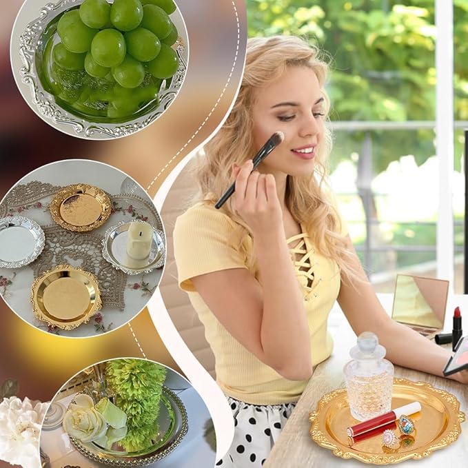 PH PandaHall 7.8" Gold Tray Jewellery Display Tray Decorative Serving Tray Vintage Style Candle Tray Dispenser for Wedding Party Home Kitchen Centerpiece Display Countertop Organization