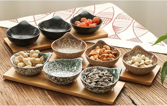 Appetizer Plate Ceramic Soy Sauce Dishes Set of 3 with Tray Japanese Style Soy Vinegar Dipping Plate Seasoning Saucer Condiment Dish Ketchup Dipping Bowls Snack Plate Sau