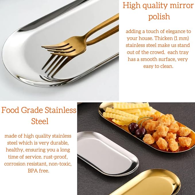 Stainless Steel Decorative Tray 2 PC, 10.2 Inch & 8.7 inch, Metal Serving Tray Jewelry Dish Cosmetics Organizer Bathroom Clutter Serving Platter Small Storage Tray, Oval(Gold & Silver)