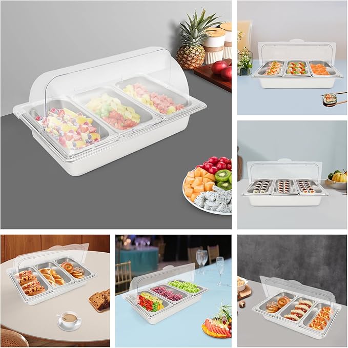 3-Compartment Stainless Steel Food Display Container w/Clear Roll Top Cover, Buffet Serving Tray for Kitchen, Restaurant, Party, Salad, Sushi, Freestanding Condiment Storage Platter, Easy Clean