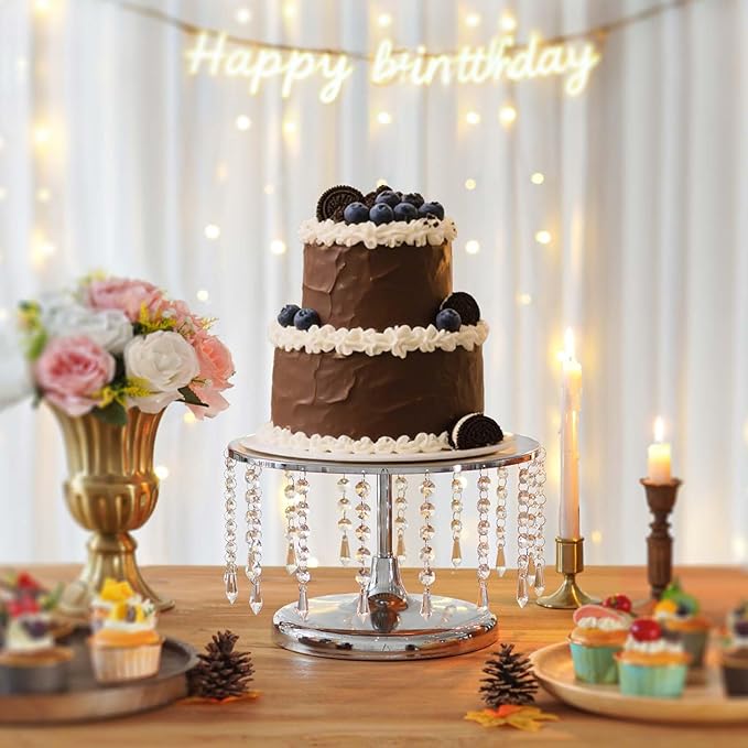 2 Pcs Silver Metal Mirror Cake Stand Set with Crystal Pendants - 11.8"W Elegant Dessert Table Display for Weddings, Birthday Parties, Baby Showers, Events - Sturdy Crystal Bling Cupcake Stands for Pastries, Sweets, Decorations