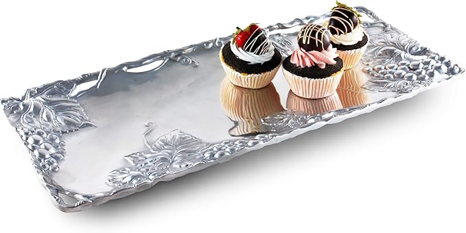 Arthur Court Metal Grapevine Oblong Serving Tray Grape Pattern Sand Casted in Aluminum with Artisan Quality Hand Polished Design Tarnish-Free 19 inch x 8 inch