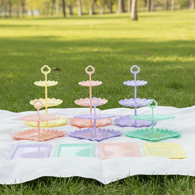 Pack of 10 NWK Cake Stand, Cupcake Stand, with 3X Two-Tier Cupcake Stands + 3X Three-Tier Cupcake Stands + 4 x Appetizer Trays Perfect for Birthday Baby Bridal Shower Party (Colorful)