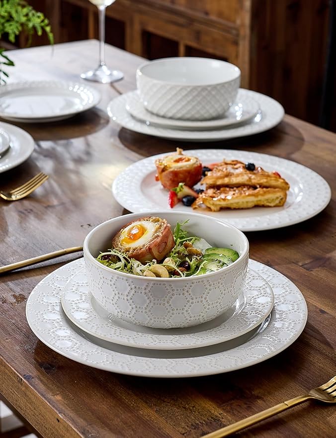 4 Different Embossed Ceramic Dinnerware Set for 4 - Arctic White Vintage Plates & Bowls Set 12 Piece - Microwave & Dishwasher Safe Porcelain Chip Resistant Handmade Dishware Set Kitchen Gift