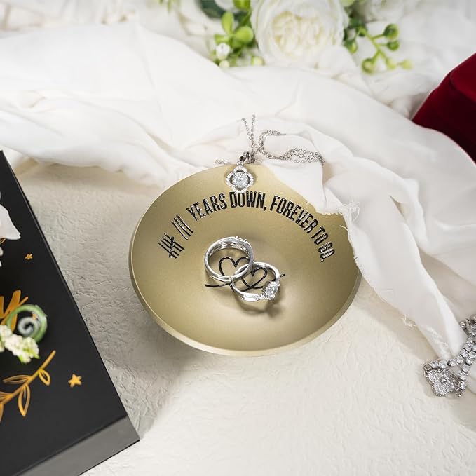 8 Year Anniversary Bronze Gifts for Her Him, 8th Wedding Anniversary for Wife Husband, 4" Metal Ring Holder Dish Jewelry Tray - Unique Decoration Ideas Bronze Gift For Men Women Couple