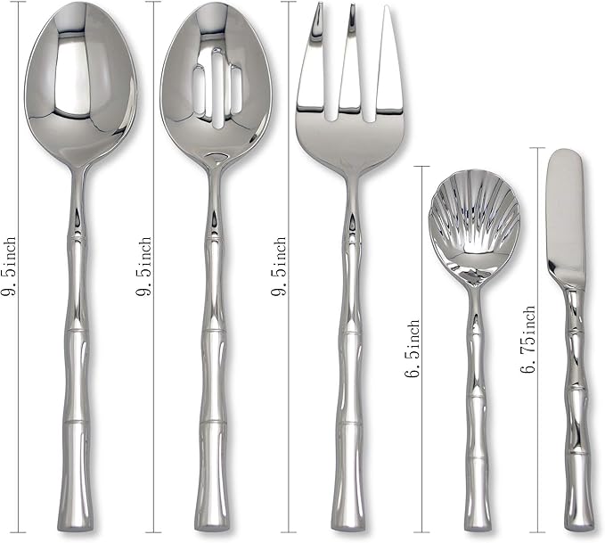 UPware 45-Piece Bamboo Shaped Flatware Set, 18/8 Stainless Steel Silverware Cutlery Set, Service for 8 with Serving Set, Mirror Polished, Dishwasher Safe (Bamboo)