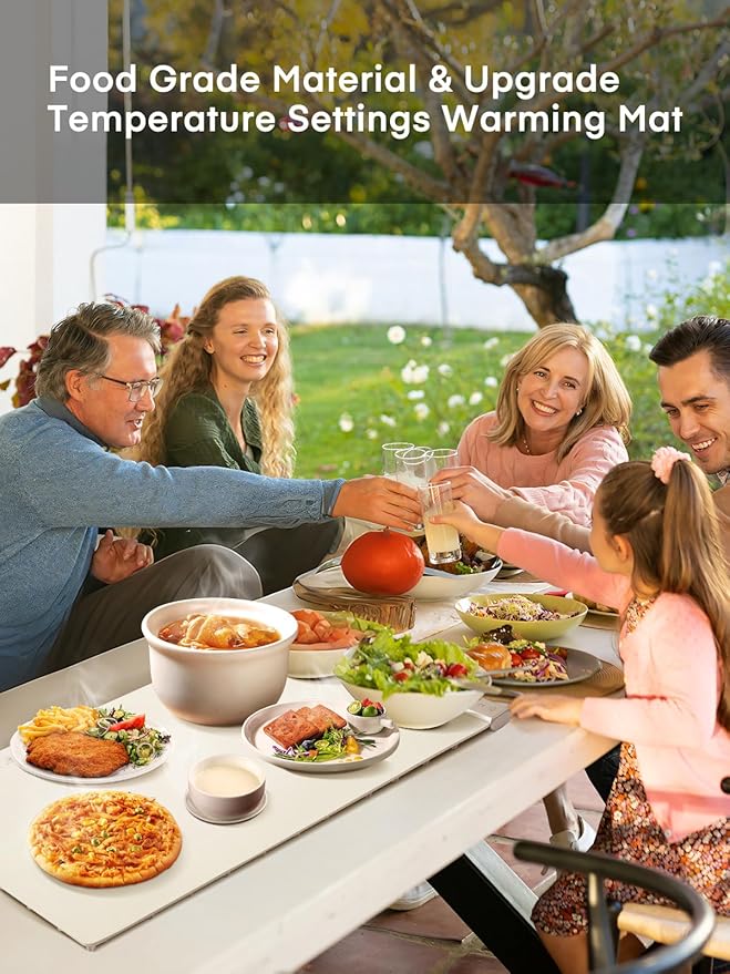 FOHERE Warming Mat for Food, Fast Full Surface Electric Warming Tray with Upgrade Temperature Settings, Food Grade Silicone Nano-Material, 4H Timer, for Buffet Party and Home Daily Use