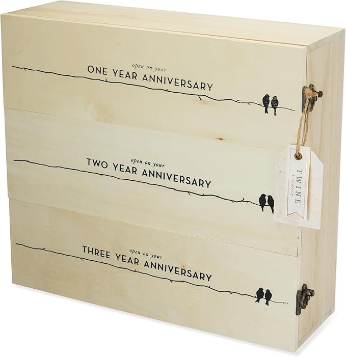 Twine Newlywed's Anniversary Wooden Gift Box with Lids and Brass Latches, Fits 3 Standard Wine Bottles, Wedding Keepsake Boxes, Decorative Storage Case for Mementos