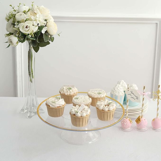 Efavormart 2 Pack | 12" Clear with Gold Rim Plastic Cupcake Dessert Display Riser, Disposable Pedestal Cake Stand