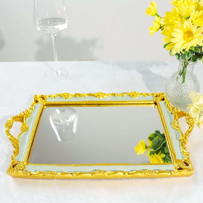 Efavormart Metallic Gold/Mint Green Resin Decorative Serving Tray - Rectangle Mirrored Vanity Tray - 15"x10"