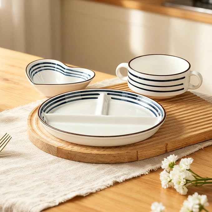 Ceramic Tableware Set, 3 Pieces: Plates, Bowl & Cup, Adult & Kid Design