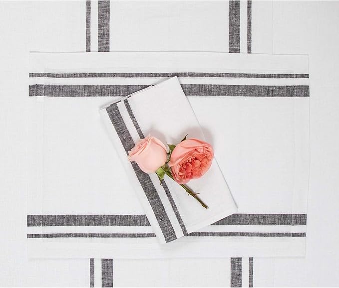Solino Home Linen Dinner Napkins 20 x 20 Inch - 100% Pure Linen French Stripe Black and White Napkins Set of 4 for Winter, Holiday