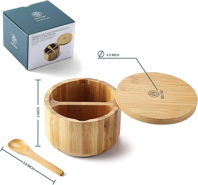 Bamboo Salt and Pepper Box with Swivel Lid, Embedded Spoon, Magnetic Closure Lid to keep the dust out, Salt Cellar Bowl Container to Storage Pepper Spice Herb Sea Salt, Dual 5 Oz Capacity