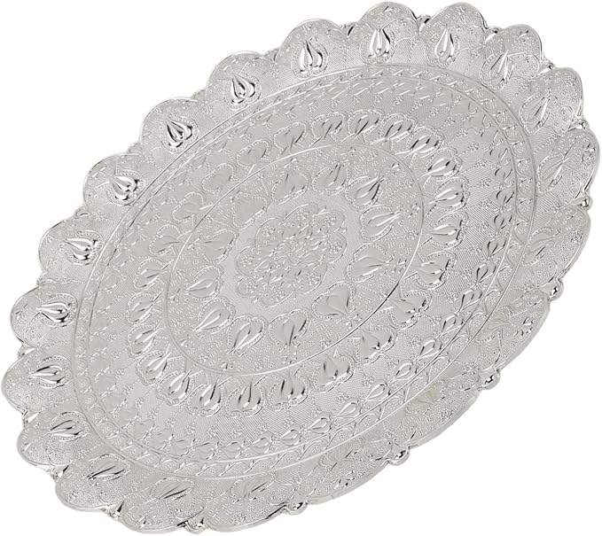 Turkish Tea Coffee Serving Tray, Vintage Style Round Coffee Tray with Embossed Pattern, Metal Dessert Plate for Bar Outdoor Dresser and Home Use (Silver)