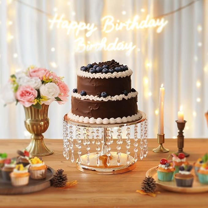 2 Pcs Gold Metal Mirror Cake Stand Set with Crystal Pendants - 11.8"W Elegant Dessert Table Display for Weddings, Birthday Parties, Baby Showers, Events - Sturdy Crystal Bling Cupcake Stands for Pastries, Sweets, Decorations
