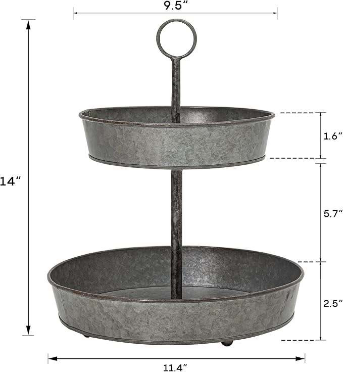 FLORA Farmhouse 2 Tiered Galvanized Serving Tray Stand with Carry Handle, Rustic Metal Display Tray for Cupcake Dessert Fruit, Perfect for Indoor or Outdoor Party Home Décor