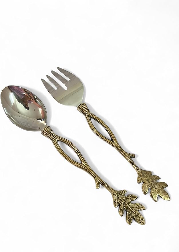 Gold Salad Serving Spoon and Fork Set β Stainless Steel with Decorative Leaf Handle β Elegant 2-Piece Flatware Set for Salad, Pasta, Fruits (11.5" Inches)
