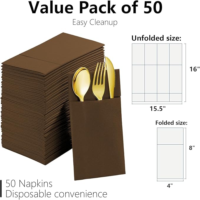Umber Linen Feel Napkins with Flatware Pocket, 50 Pack Cloth Like Pre-Folded Napkins for Silverware, Guest Hand Towel for Dinner Party Wedding Decoration (16. x 15.5 inch)