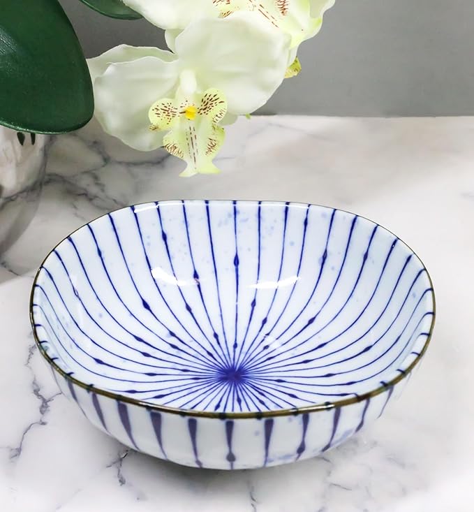 Ebros Gift Artistic Blue Waves Fubuki Tokusa Made In Japan Dinnerware Serveware Kitchenware Set Asian Japanese Restaurant Supply (Pack Of 6 Round Flair Small Shallow Bowls 11oz)