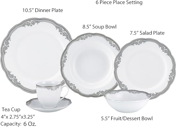 Lorren Home Trends Elizabeth-24 24 Piece Elizabeth Design Porcelain Wavy Edge Dinnerware Set, White