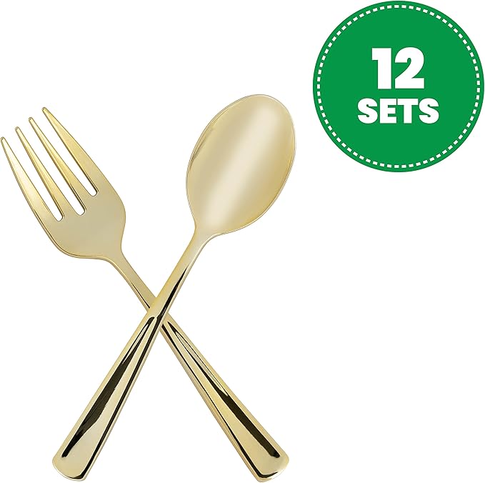 Plasticpro Disposable Plastic Gold Serving Utensils 12 Forks & 12 Spoons Durable Heavy Duty Premium Serving Utensils Gold 12 Sets