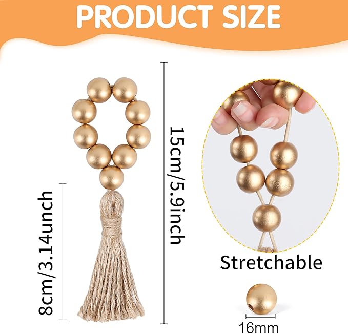 Meplait 6-Piece Wooden Bead Napkin Rings - Farmhouse Stretchable Napkin Rings with Tassel Boho Design for Dining Table & Wedding Decoration (Gold)