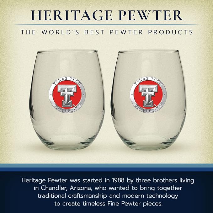Heritage Pewter Texas Tech Red Raiders Stemless Glass Goblets β Set of 2 | 15 OZ Goblet Wine Glasses | Expertly Crafted Pewter Glass