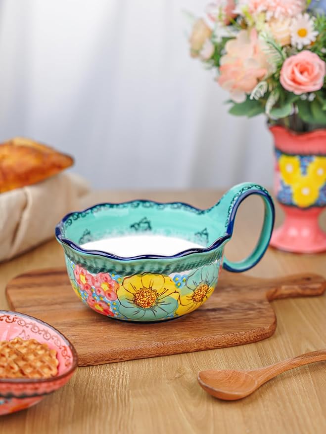 silesia Handmade Ceramic Soup Bowl, 30 oz Hand Painted Bowl with Loop Handle, Floral Design Cereal Bowl for Soup, Ice cream, Snack, Microwave & Dishwasher Safe (Flowers Green)