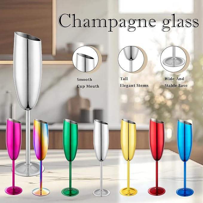 Champagne Flutes Set of 2, Premiumty Stainless Steel High Footed Champagne Glasses, 7oz Capacity,Unbreakable Slanted Champagne Glasses