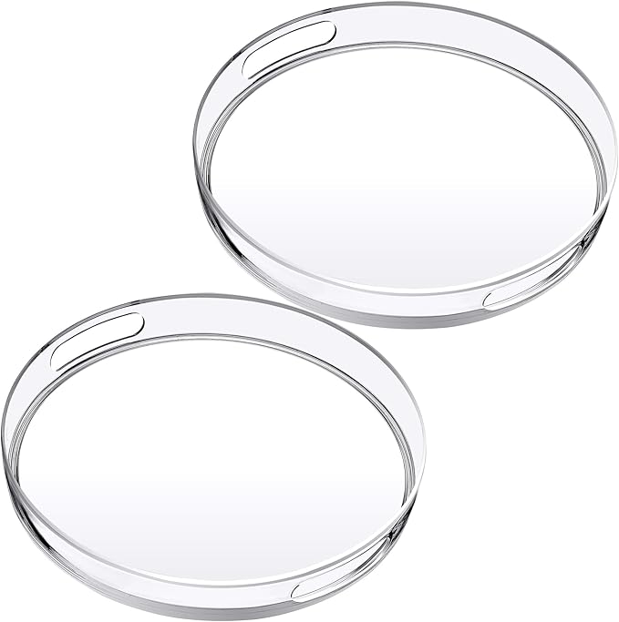 Amazing Abby - Sultana - 2-Pack Acrylic Vanity Tray (12" Dia.), Plastic Bathroom Countertop Organizer, Round Coffee Table Tray, Clear Dish for Home Decor, Great for Makeup, Perfume, Jewelry, and More