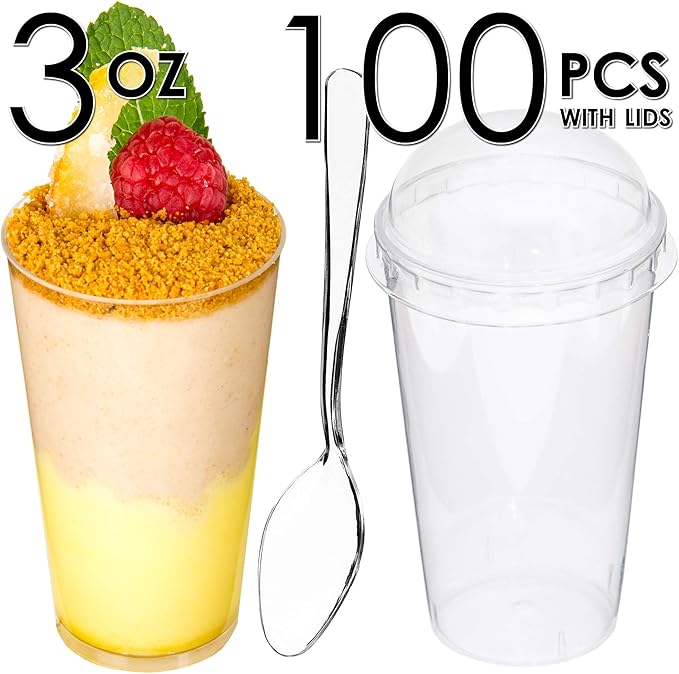 DLux 100 x 3oz Mini Dessert Cups with Lids & Spoons, Shooter - Clear Plastic Parfait Appetizer Cup - Small Reusable Cups for Tasting Party Desserts Appetizers - With Recipe Ebook