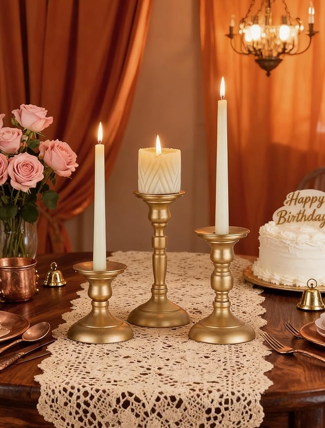Sziqiqi Gold Candle Holders Decor: Candle Holders for Pillars Candlesticks - Taper Candleholders Set of 3 for Wedding Table Fireplace Mantel Holiday