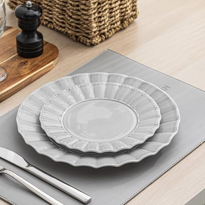 HOMBENE Dinnerware set, 12 Piece plates and bowls sets for 4, Ceramic Modern dish set for party, Porcelain dish set, House gift, Microwavable safe, Light Grey