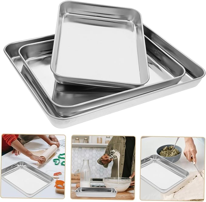3-Piece Stainless Steel Serving Tray Set Rectangular Baking Cooling Grilling Plates for Home Use Sturdy Food Storage Trays for Fruits and Snacks