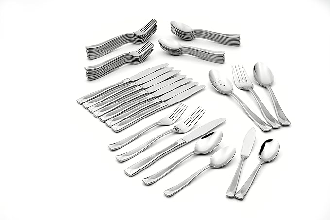 Oneida Silverware Set, Satin Lincoln 45-Piece Everyday Flatware Set, Service For 8, 18/0 Stainless Steel, Satin Finish, Knives Spoons And Forks Set, Dishwasher Safe, Home and Kitchen(Silver, 45 Piece)