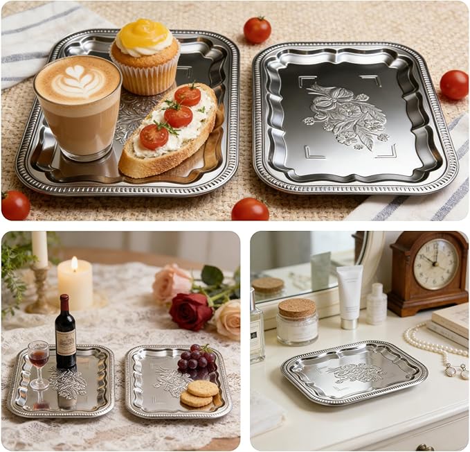 Elegant Floral Engraved Silver Serving Trayr Set (4-Pcs) - 2 Small (11.4×7.1×0.8") & 2 Large (13.8×8.7×0.8"), Stainless Steel Silver Platter for Party, Home Decor