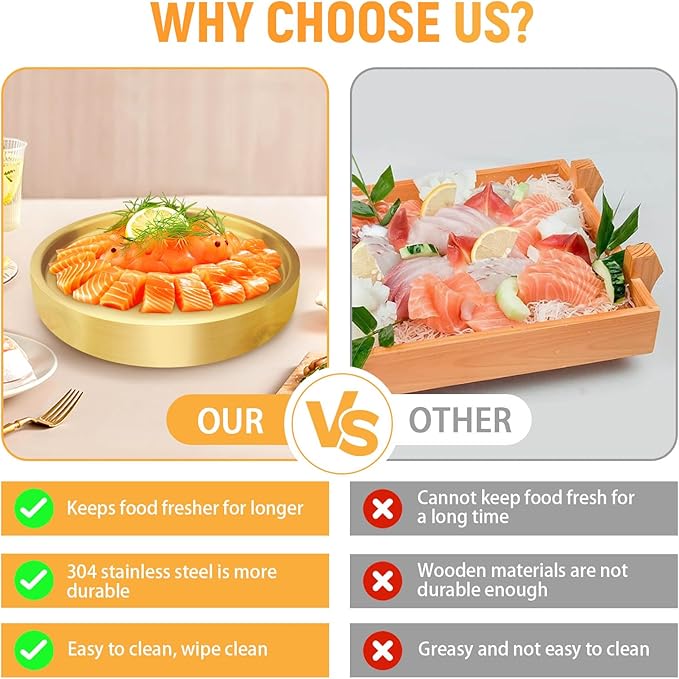 9.4" Stainless Steel Chilled Serving Trays for Parties Containers, Round Gold Ice Tray for Food Buffet Bowls Box Platter Server Cold Ice Vegetable Fruits Snacks Shrimp Cocktail Fridge (Gold)