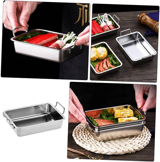 VOSAREA 1Pc Stainless Steel Food Tray with Handles Smooth Surface Snack Holder for Barbecue Fruits and Snacks Practical Silver Platter for Easy Serving