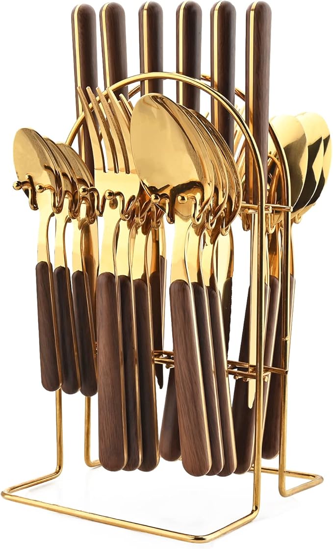 24 Pieces Mirror Gold Flatware Set With A Cutlery Stand, Hanging Silverware With Round Wooden Handle Include Knife/Fork/Spoon/Teaspoon, Service For 6