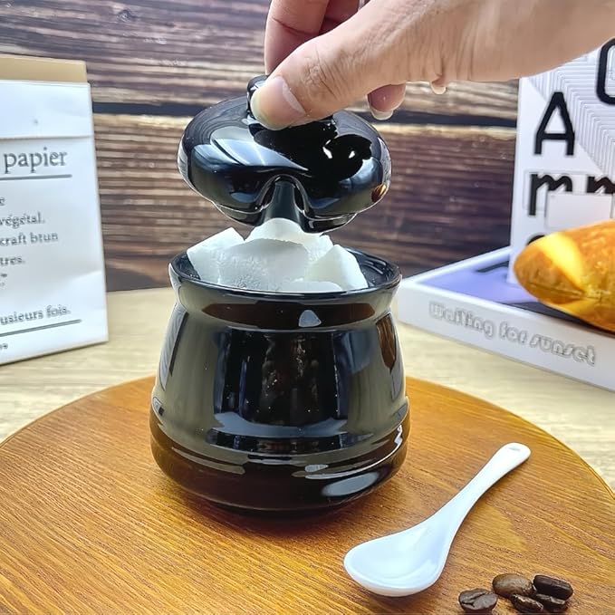 Ceramic Sugar Bowl with Lid and Spoon,12 oz Porcelain Sugar Jar Sugar Dispenser, Sugar Salt Container for Home and Kitchen Countertop Canisters, Black