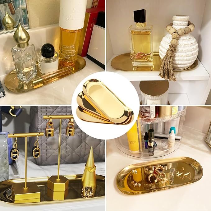 8 Pack 9 Inch Oval Stainless Steel Decorative Tray, Stainless Steel Tea Fruit Tray, 9 inch Gold Oval Trays for Bathroom Vanity, Jewelry, Perfume & Key Organizer (Gold)