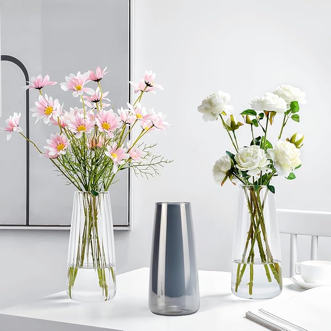 8.3in Clear Glass Vase for Flowers, Ribbed Flower Vase for Table Centerpiece Wedding Home Decor, Modern Glass Vases for Living Room, Bedroom, Dining Table, Office, Birthday Housewarming Gift (Striped)