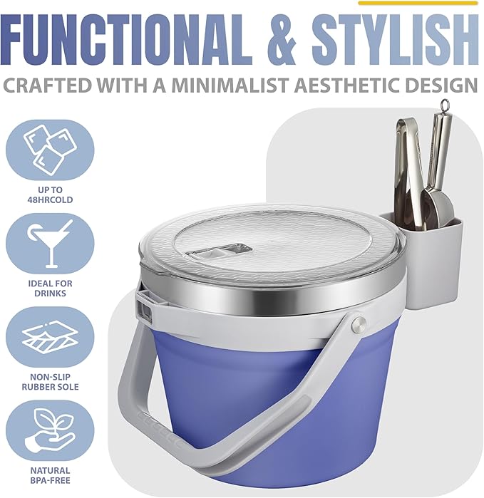 COKTIK 7L Vacuum Insulated Ice Bucket with Lid and Scoop& Tongs,Large capacity Stainless Steel Beverage Bucket for Cocktail, Champagne, Wine, Beer,Large Parties(Purple Suit)