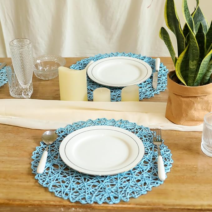 AHHFSMEI Paper Braided Round Placemats Set of 6 Natural Non-Slip Heat Resistant Table Mats for Dining Tables Woven Indoor Outdoor Place mats(Light Blue)