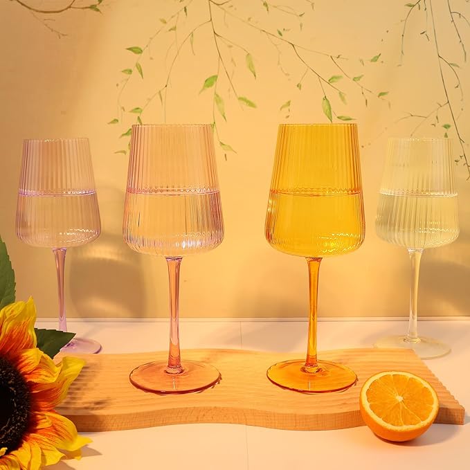 Hand Blown Ribbed Wine Glasses with stem, Lead-Free Crystal Glasses, Luxury Gift, Set of 4, Unique, 18oz Premium Wine Goblet, Large capacity, Fluted Design (Summer Colored)